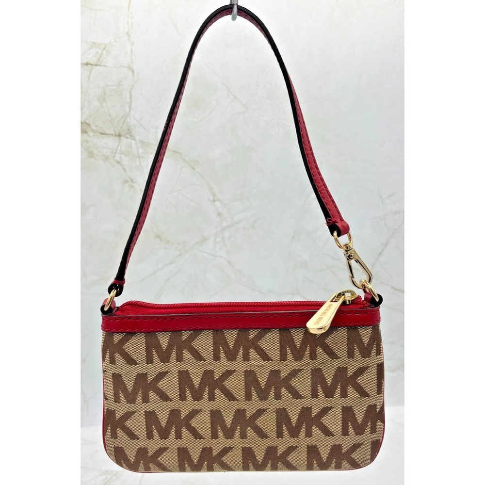 Michael Kors Jacquard Monagram Wristlet Mini Bag Red Leather Signature Lining - Picture 6 of 16